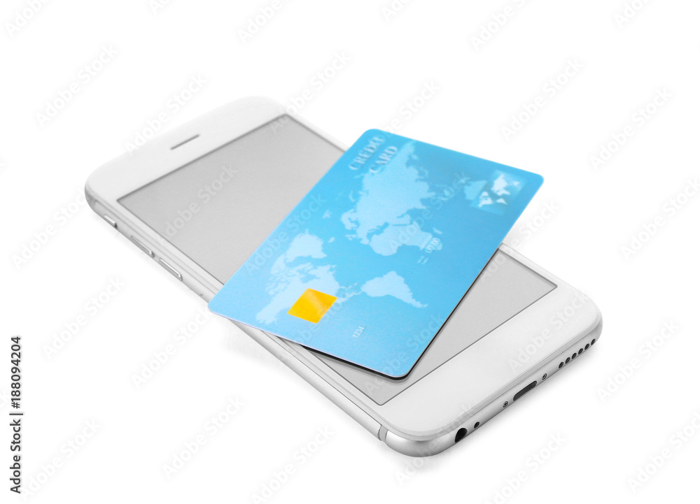 Credit card with smartphone, isolated on white. Internet shopping concept Credit card with smartphone, isolated on white. Internet shopping concept