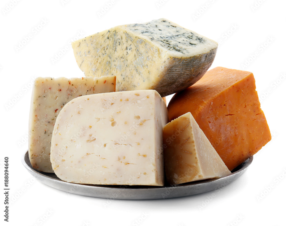 Different kinds of delicious cheese on white background