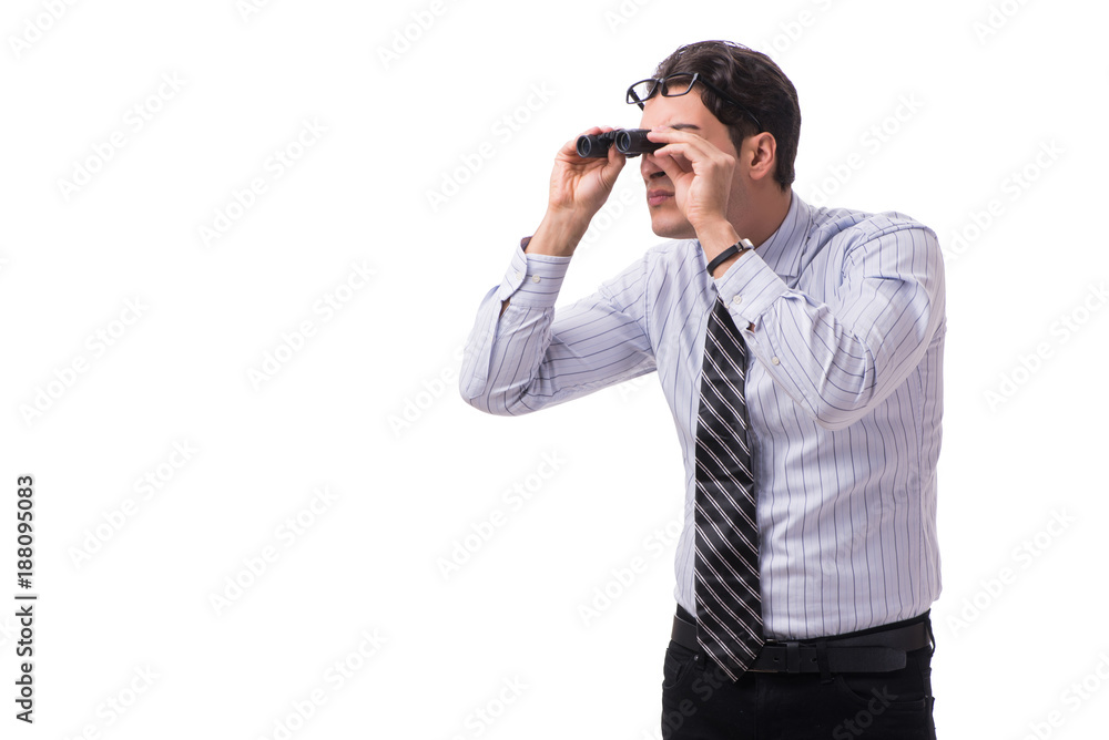 Young handsome businessman looking into future with binoculars - obrazy, fototapety, plakaty 