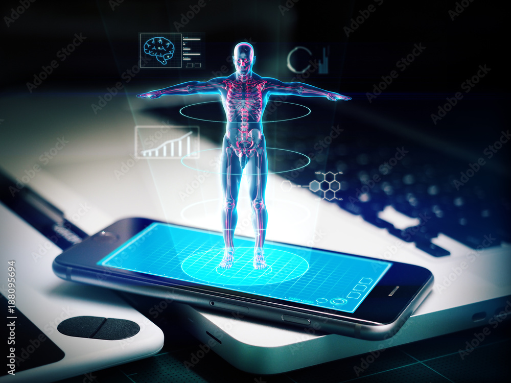 Hologram Human anatomy and skeleton on smartphone,Medical Technology