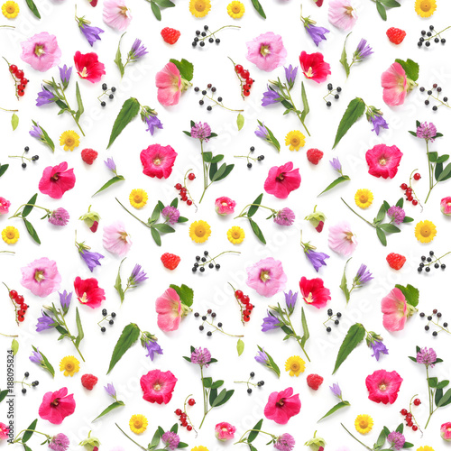 Wallpaper Mural Seamless pattern from plants, wild flowers and  berries, isolated on white background, flat lay, top view. The concept of summer, spring, Mother's Day, March 8.  Torontodigital.ca