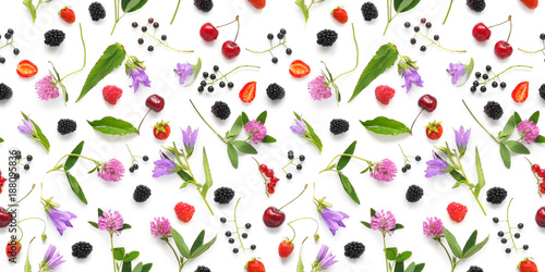 Seamless pattern from plants, wild flowers and  berries, isolated on white background, flat lay, top view. The concept of summer, spring, Mother's Day, March 8. 