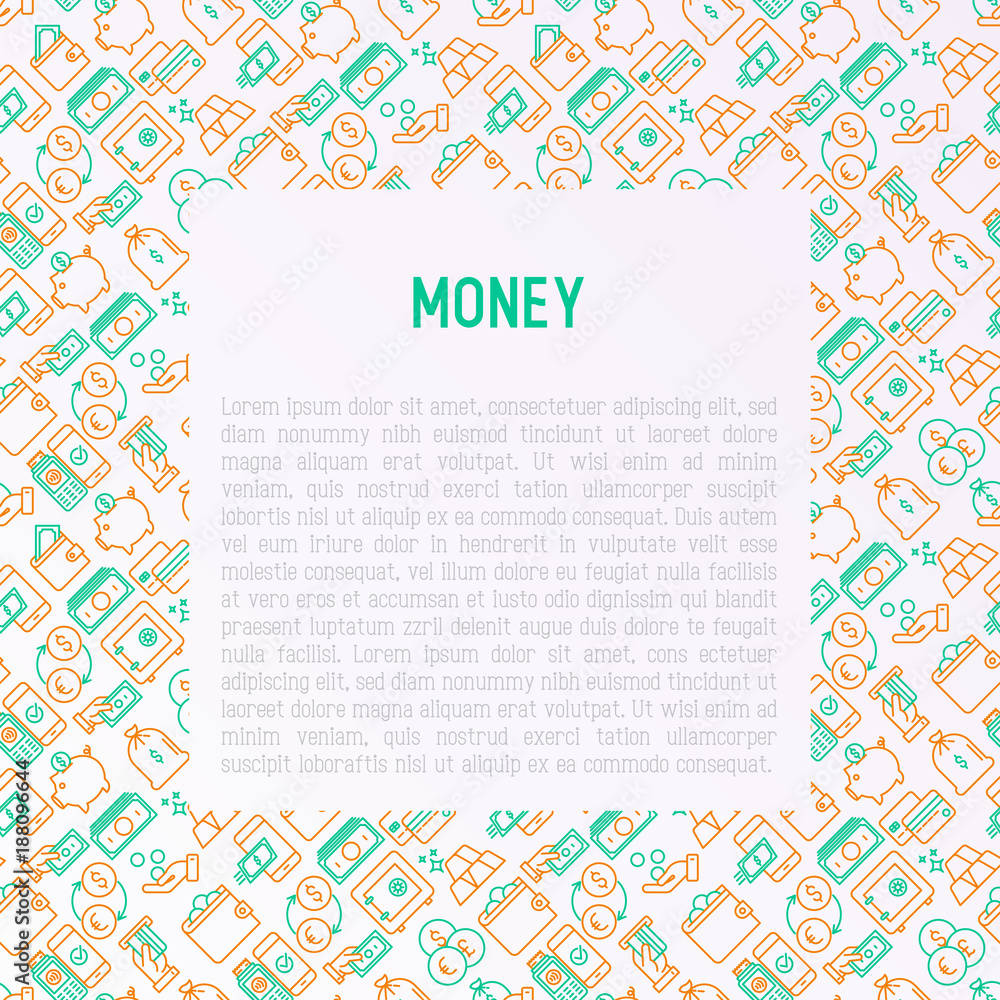 Money concept with thin line icons: cash, credit card, pos terminal, piggy bank, wallet, hand with coins, bag of gold. Modern vector illustration for banner, print media, web page. Money concept with thin line icons: cash, credit card, pos terminal, piggy bank, wallet, hand with coins, bag of gold. Modern vector illustration for banner, print media, web page.