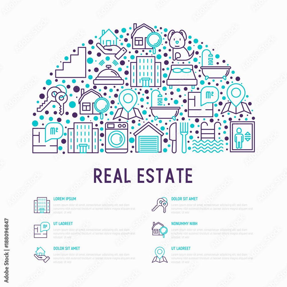 Rea estate concept in half circle with thin line icons: apartment house, bedroom, keys, elevator, swimming pool, bathroom, facilities. Modern vector illustration for web page, print media.