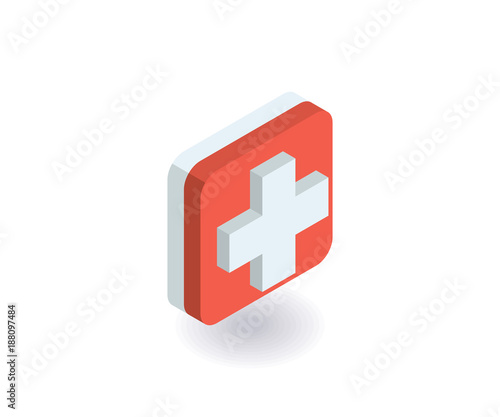 First aid, medical cross icon. Vector illustration in flat isometric 3D style.