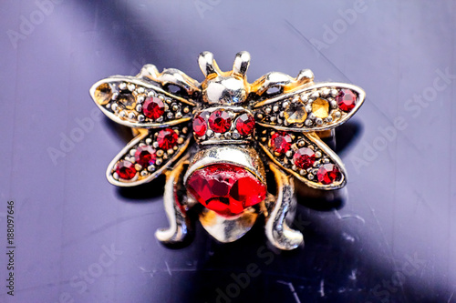 Fotografija Vintage brooch in the form of bees made of beads, fabric and crystals, clipping