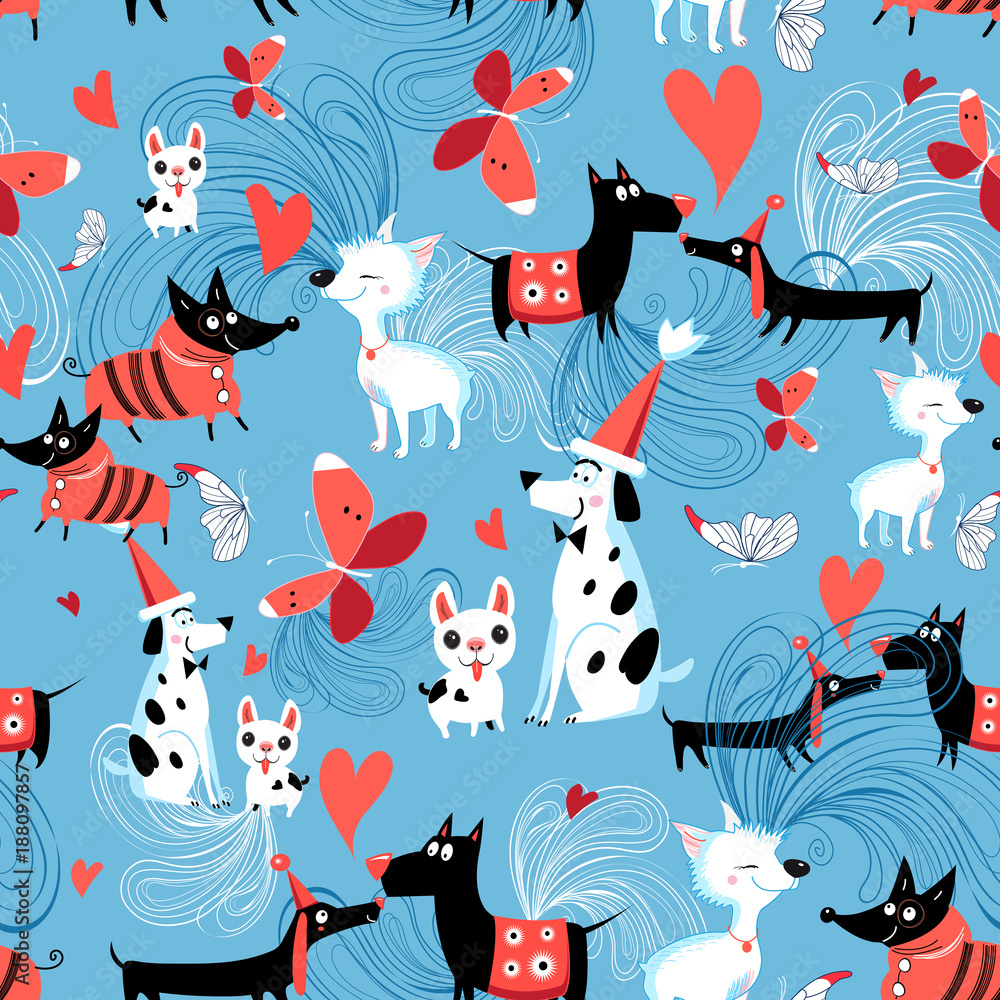 Seamless bright pattern of enamored dogs Seamless bright pattern of enamored dogs