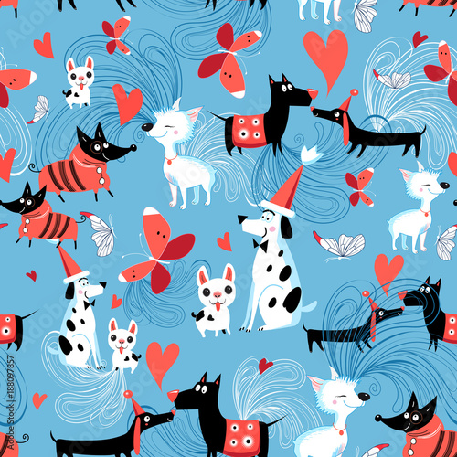 Seamless bright pattern of enamored dogs