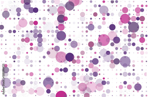 Violet, pink dotted background with circles, dots, point different size, scale. Halftone pattern. Vector illustration