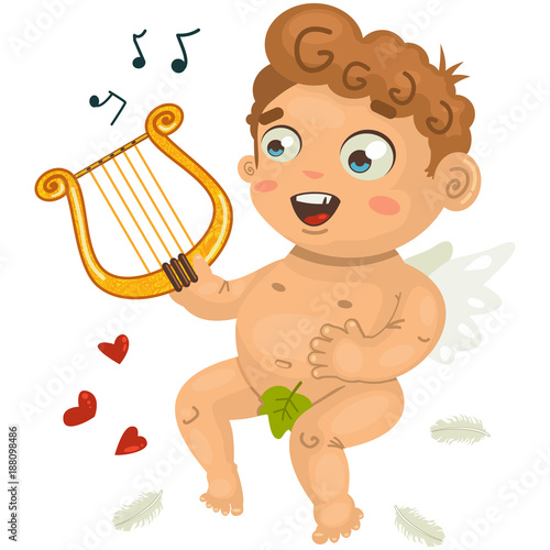 Valentine's Day cupid playing music on the lyre. Vector illustration isolated on white background.