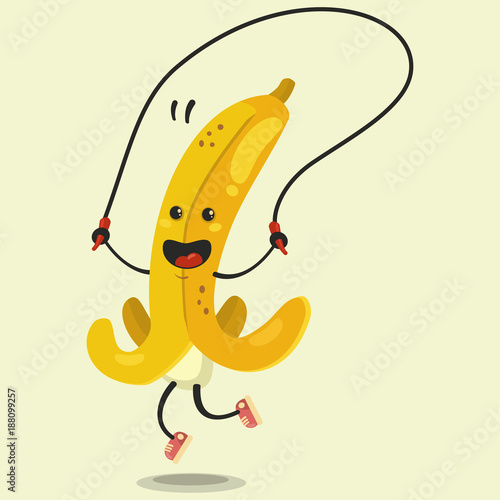 Cute Banana cartoon character makes the jump rope exercises. Eating healthy and fitness. Flat retro style illustration concept.