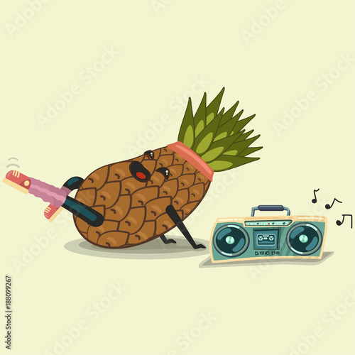 Cute Pineapple cartoon character doing fitness exercise. Healthy eating and sport. Flat retro style illustration concept.