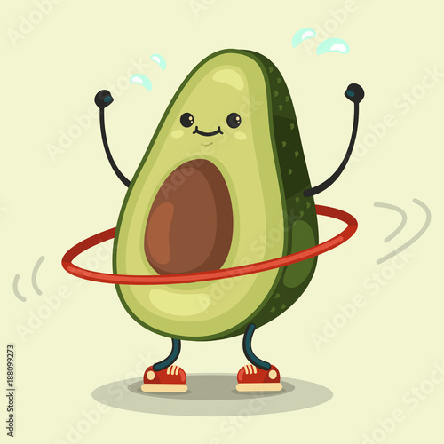 Cute Avocado cartoon character doing exercises with hula hoop. Eating healthy and fitness. Flat retro style illustration concept.
