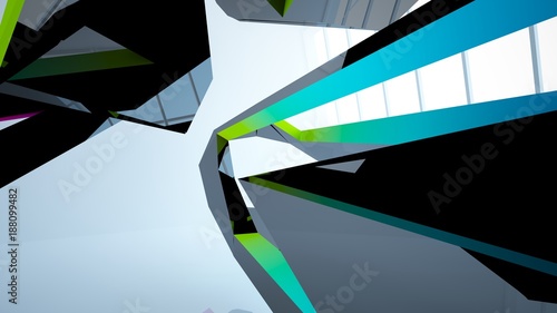 Abstract white and colored gradient  interior multilevel public space with window. 3D illustration and rendering.