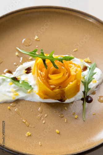 Rose of yellow Beetroots with Goat Cheese sauce