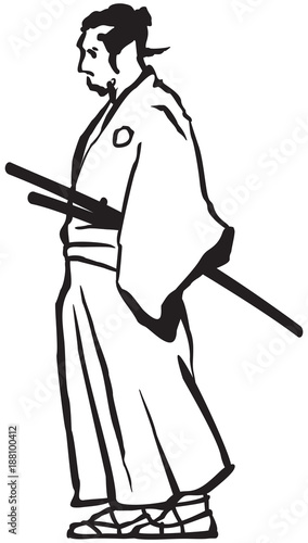 Ronin, Japanese Samurai Engraver style black white vector drawing