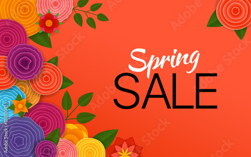 Spring sale Vector banner. Abstract flowers on red background