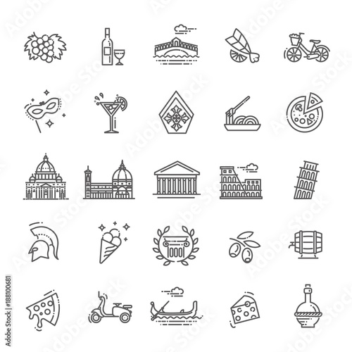 Italy icons set. Tourism and attractions, thin line design.