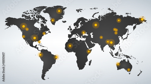 Map of world dotted with yellow hot spots