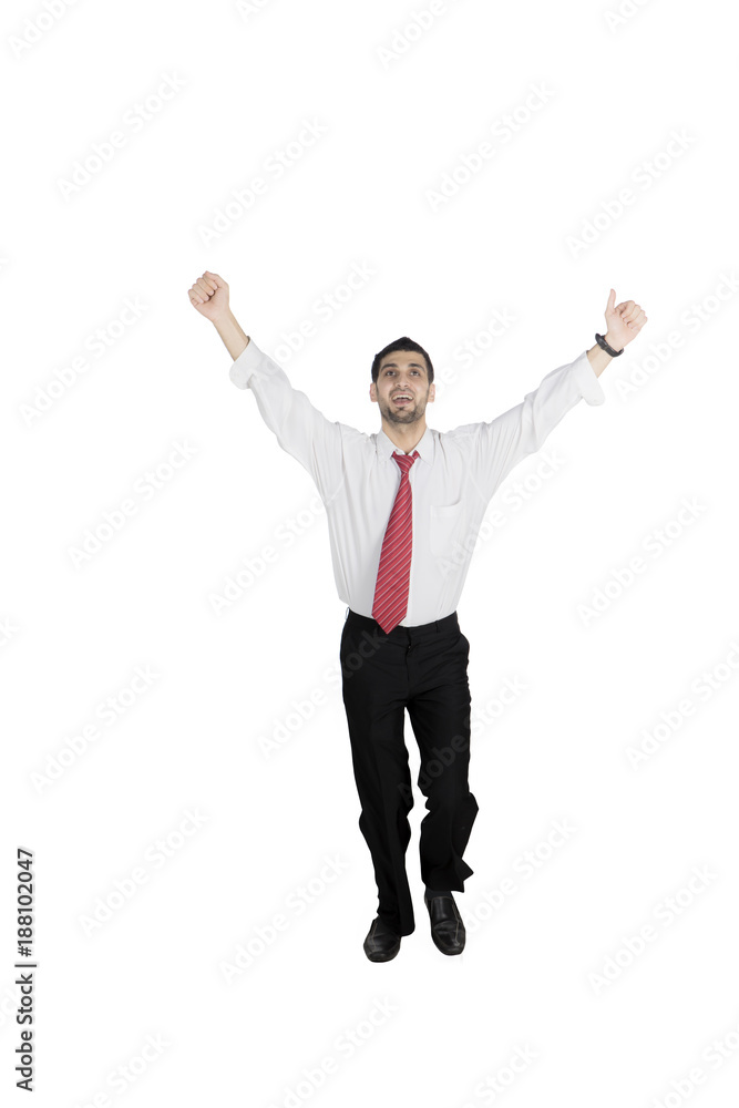 Male entrepreneur winning a competition on studio Male entrepreneur winning a competition on studio
