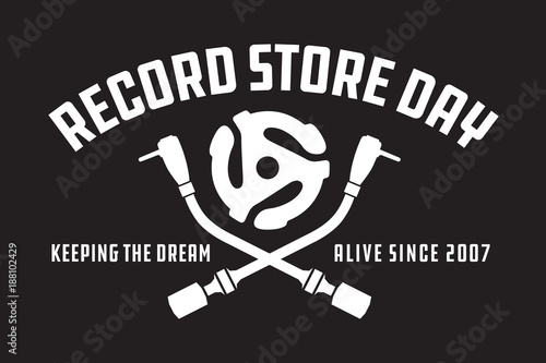 Record Store Day Badge or Emblem Vector Design. Black and white design featuring crossed turntable tone arms and record spindle adaptor with the words Record Store Day.