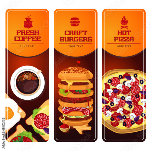 Fast food vertical banners set. Illustartion with pizza, coffee, burgers and sandwich.