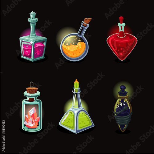 Magic bottle set. Game design vector icons set. Cartoon style.