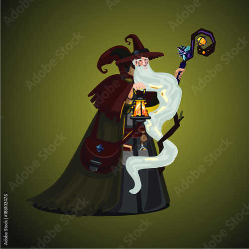 Old withard with magic lamp and wand. Cartoon character. Game design concept.