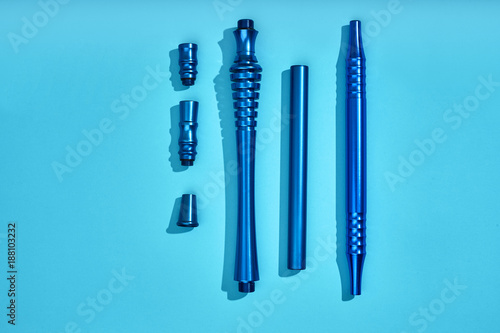 Top view of Hookah parts on light blue background photo