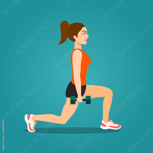 Young sportswoman in sportswear doing squats with dumbbells. Vector flat style isolated illustration.