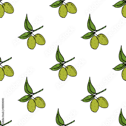 Olive branch seamless pattern. Natural background Design with olives for olive oil or cosmetics products, vector illustration