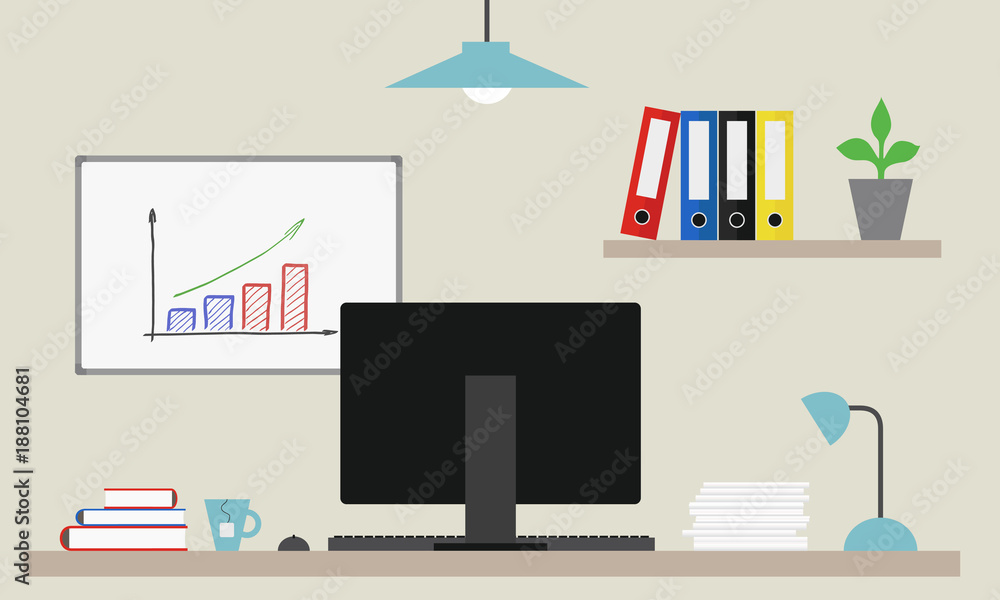 office with computer on desk and board with growing graph office with computer on desk and board with growing graph
