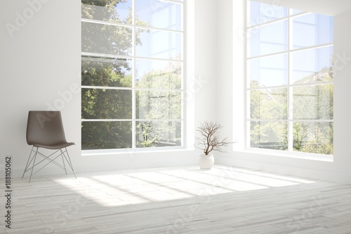 Fototapeta Naklejka Na Ścianę i Meble -  Idea of white room with chair and summer landscape in window. Scandinavian interior design. 3D illustration