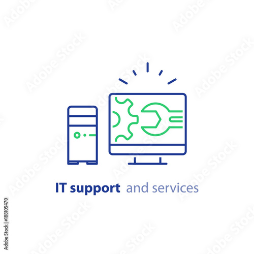 Computer upgrade, system update, software installation, repair services, IT support line icon