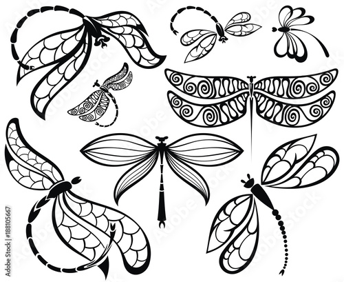 Set of black silhouettes dragonflies 