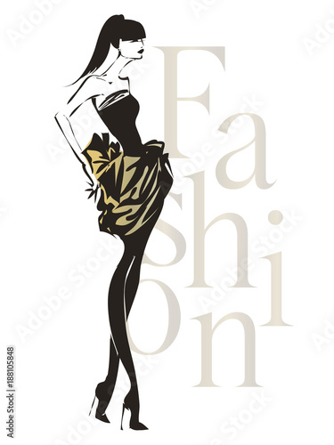 Black and white fashion logo with woman fashion silhouette, fashion brand identity with beautiful girl, vector illustration