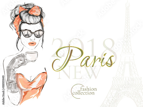Beautiful woman at street cafe with morning cup of coffee in Paris city near Eiffel tower, new collection advertising promo banner, online shopping social media ads web template vector