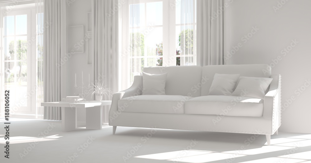 White room with sofa. Scandinavian interior design. 3D illustration White room with sofa. Scandinavian interior design. 3D illustration