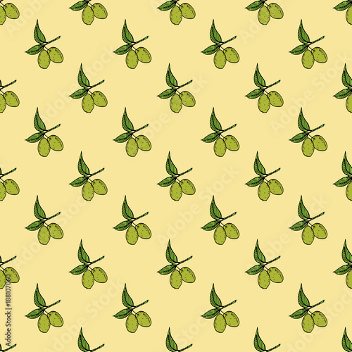 Olive branch seamless pattern. Natural background Design with olives for olive oil or cosmetics products, vector illustration