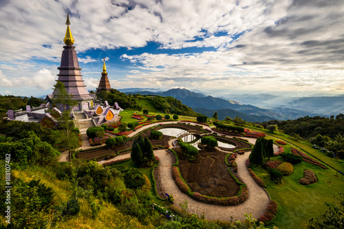 Landscape of two pagoda on the top of Inthanon mountain in doi Inthanon national park, Chiang Mai, Thailand. © Travel man