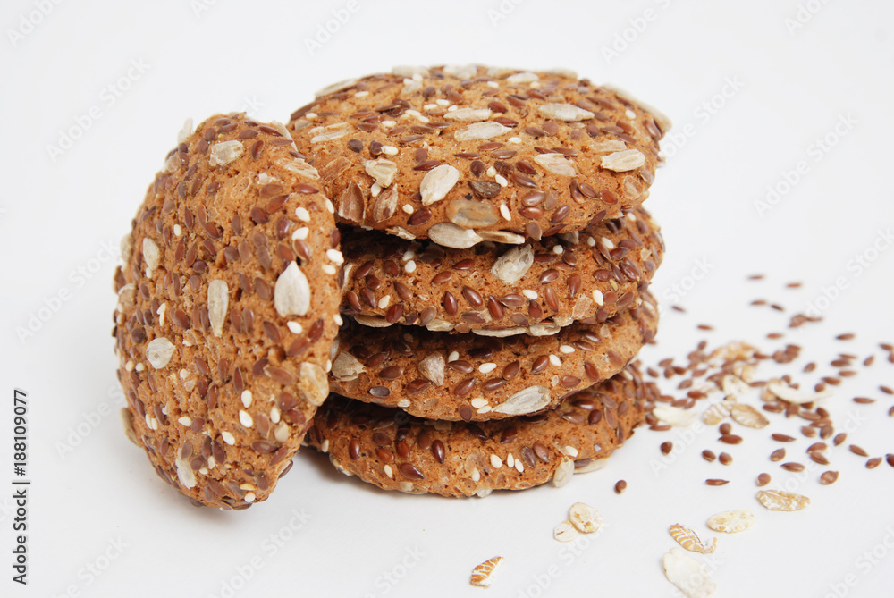 Healthy Cookies with Oatmeal and Flaxseed. Isolated on White background. Diet and Organic Food.