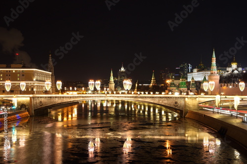 Evening view of Moscow Kremlin and Big Moskvoretsky bridge with Christmas illumination  Moscow  Russia