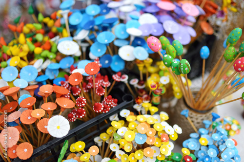 Colorful ceramic flowers sold on Easter market in Vilnius.