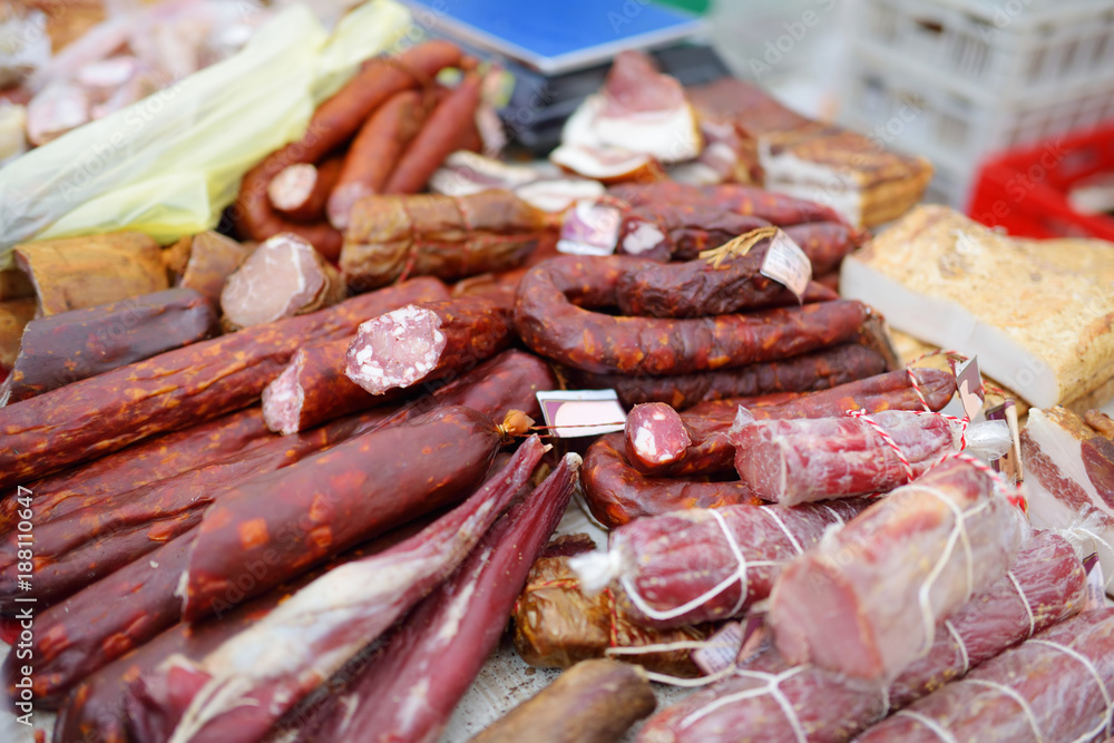 Selection of assorted home made sausages on a farmer's market in Vilnius, Lithuania. Selection of assorted home made sausages on a farmer's market in Vilnius, Lithuania.