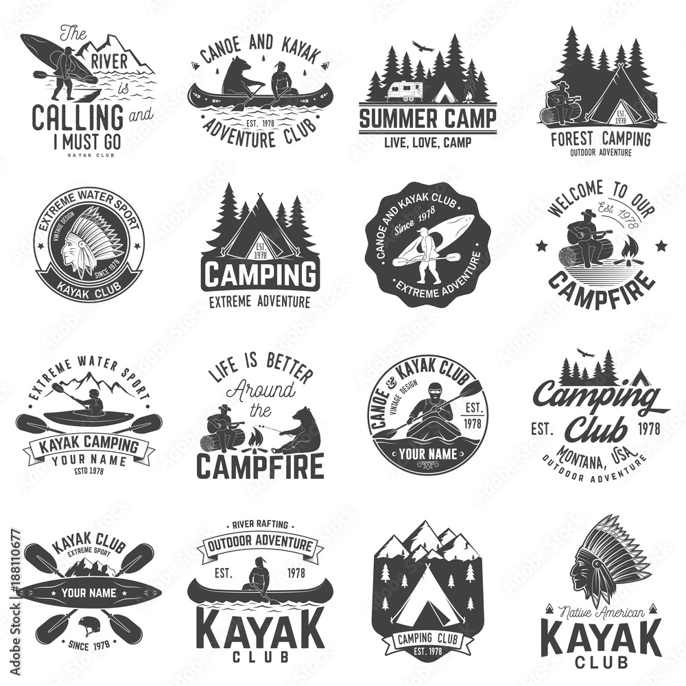 Set of canoe, kayak and camping club badge Set of canoe, kayak and camping club badge