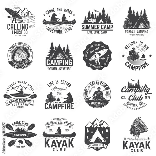 Set of canoe, kayak and camping club badge