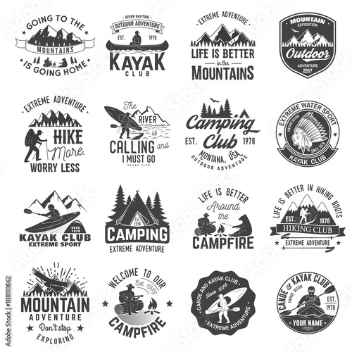 Set of canoe, hiking, kayak and camping club badge