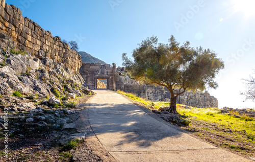 The archaeological site of Mycenae near the village of Mykines, with ancient tombs, giant walls and the famous lions gate, Peloponnese, Greece