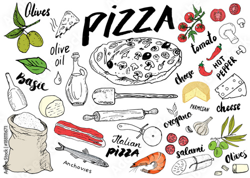 Pizza menu hand drawn sketch set. Pizza preparation design template with cheese, olives, salami, mushrooms, tomatoes, flour and other ingredients. vector illustration isolated on white background