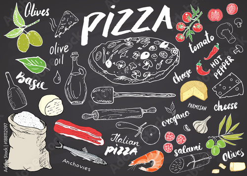Pizza menu hand drawn sketch set. Pizza preparation design template with cheese, olives, salami, mushrooms, tomatoes, flour and other ingredients. vector illustration on chalkboard background